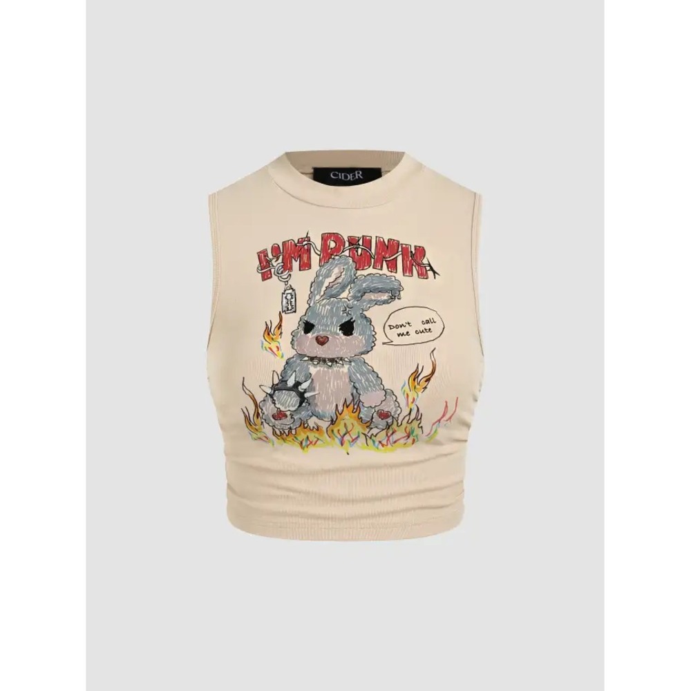 Cider Punk Style Rabbit Graphic Tee Beige Sleeveless Gathered Bottom 4XL